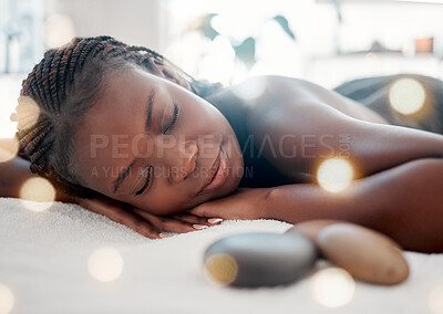 Buy stock photo Spa, relax and sleeping woman in massage bed for wellness, peace and luxury zen. Face, female and resort rest for body care, therapy and pamper treatment, happy and smile with stress free relaxation