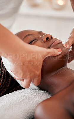 Buy stock photo Black woman massage, face and luxury spa treatment of a young female ready for facial. Skincare, beauty and wellness clinic with client feeling calm and zen from dermatology or cosmetic chemical peel