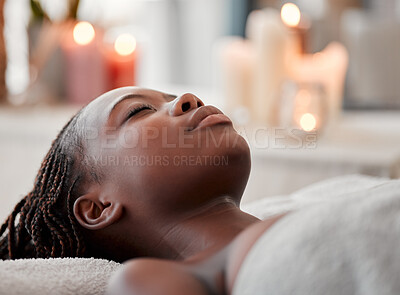 Buy stock photo Black woman sleep, peace and luxury spa face treatment of young female ready for facial. Skincare, beauty and wellness clinic candles with client feeling calm and zen before massage or chemical peel