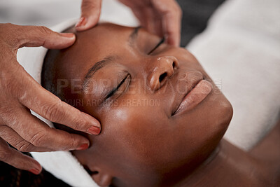 Buy stock photo Black woman, relax face and luxury spa massage of a young female ready for facial. Skincare, beauty and wellness clinic with client feeling calm and zen from cosmetic chemical peel treatment