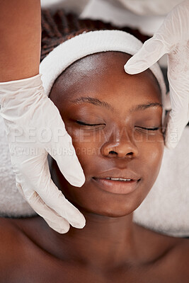 Buy stock photo Spa woman, hands and face massage for beauty healthcare, cosmetics facial treatment or salon wellness. Luxury health service, top view and relax African client, customer or patient for medical care