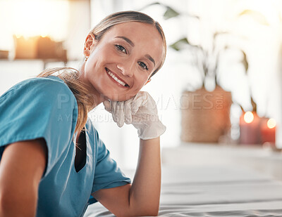 Buy stock photo Portrait, massage and wellness with a woman in a spa to relax for alternative therapy or mental health. Luxury, beauty and salon with a female therapist in a orthopedic center for rest or relaxation