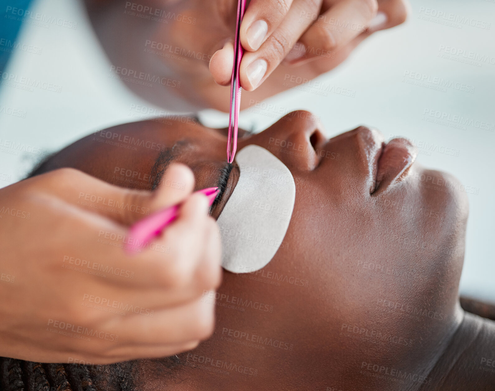 Buy stock photo Makeup, eyelash extensions and salon with black woman for self care, beauty and cosmetology. Relax, wellness and cosmetics with girl customer and lashes technician for treatment, beautician and spa