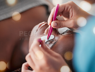 Buy stock photo Salon hands, woman face and tweezers for eyelash extension, application or beauty spa healthcare. Cosmetics process, wellness service and relax African client, customer or patient for luxury lashes