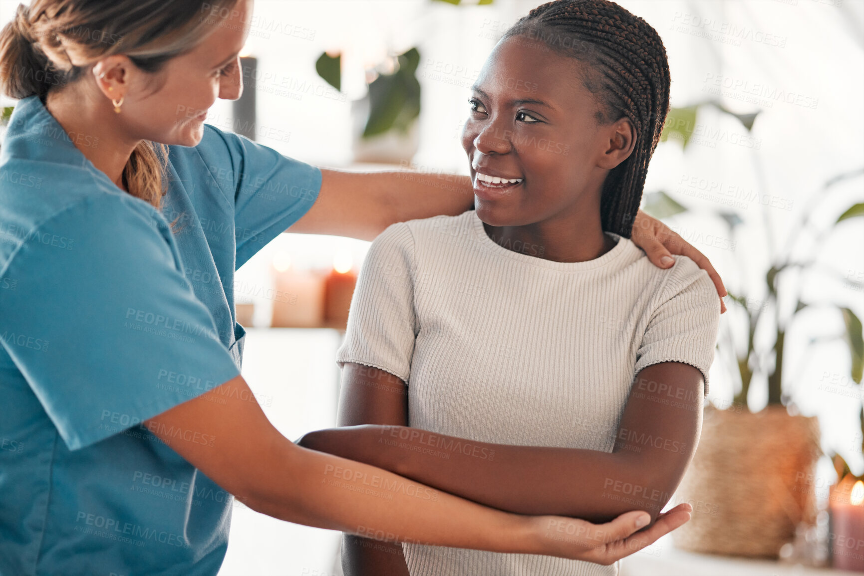 Buy stock photo Physiotherapy, stretching arm and black woman muscle massage, healthcare service and anatomy or elbow healing. Physical therapy, medical professional support or chiropractor consulting happy patient