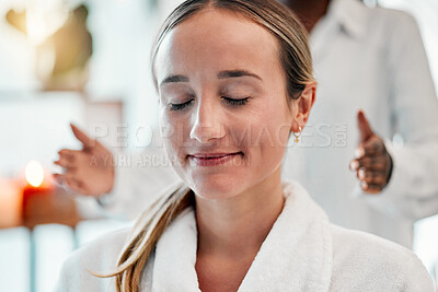 Buy stock photo Relax, reiki and woman with smile at spa for spiritual chakra therapy and holistic or alternative medicine. Healing, balance and zen, person with peaceful and healthy mindset with traditional massage