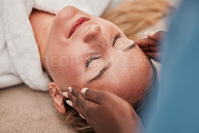 Buy stock photo Head massage, spa and face of woman with luxury wellness, peace and calm for mind and beauty treatment. Facial therapist and hands for person zen, healing and stress relief while relax or sleeping
