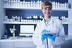 Science, tablet and black woman in laboratory for experiment, pharma innovation and planning. Portrait smile, female scientist and digital medicine of test development, data analysis or biotechnology