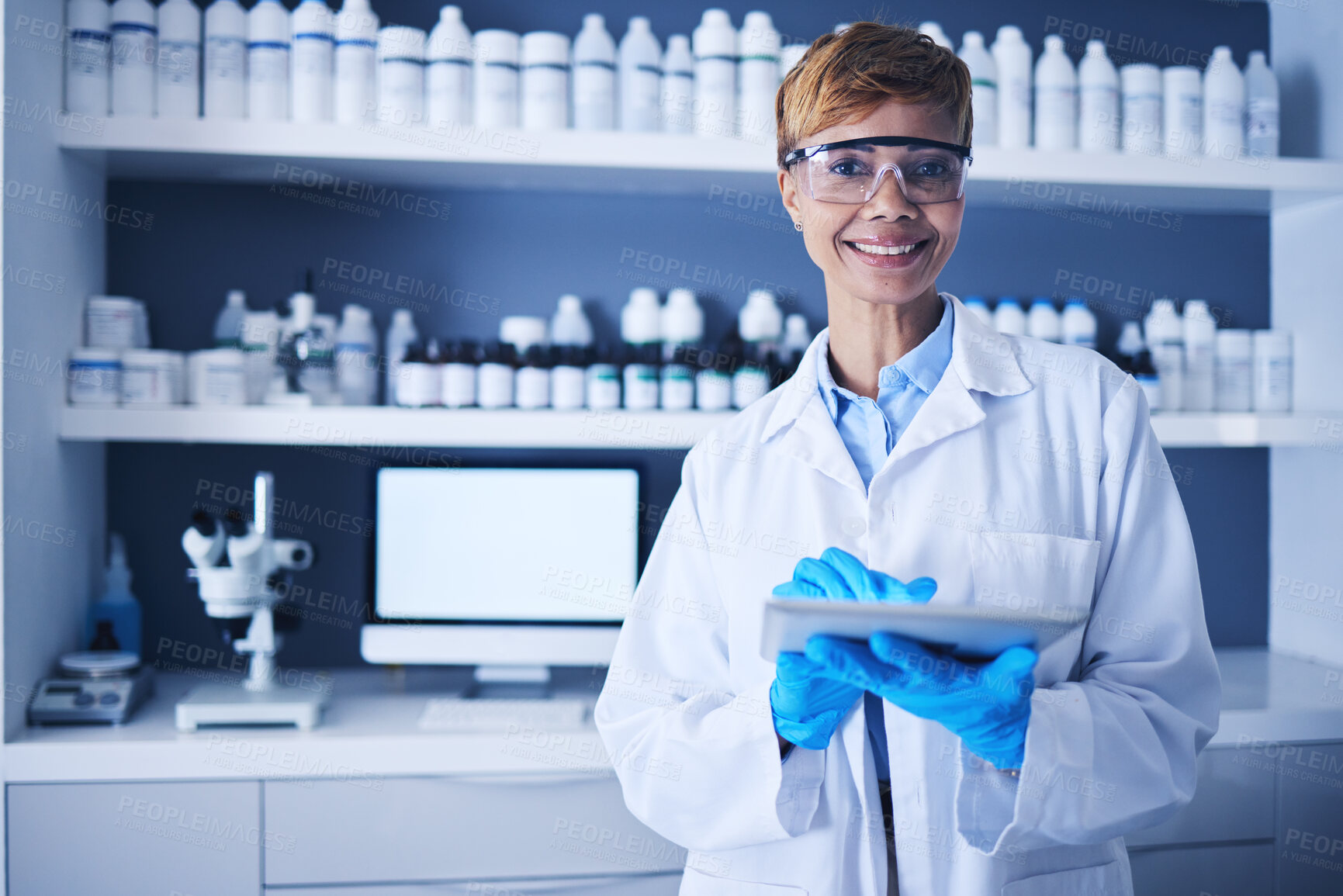 Buy stock photo Science, tablet and black woman in laboratory for experiment, pharma innovation and planning. Portrait smile, female scientist and digital medicine of test development, data analysis or biotechnology