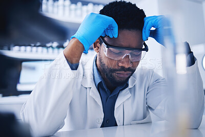 Buy stock photo Tired, stress and scientist black man with a fail research in a lab or laboratory frustrated and sad feeling overworked. Exhausted, burnout and tired technician suffering with a headache and fatigue