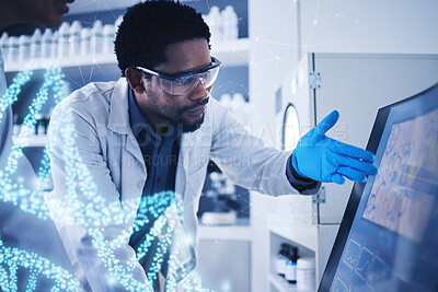Buy stock photo Teamwork, overlay or black man doctor on computer for dna research, medical innovation or bacteria analysis. Scientist, nurse or healthcare worker on tech reading anatomy study or genetics results