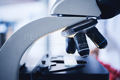 Buy stock photo Microscope, science and closeup backgrounds for investigation, expert analytics or medical study. Laboratory equipment, microbiology and magnifying tools of test, stem innovation or medicine research