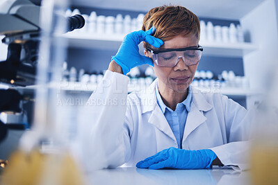 Buy stock photo Sad, burnout or black woman scientist with headache for medical crisis, medicine research fail error in lab. Stress, tired or frustrated nurse for healthcare anxiety, work depression or mental health