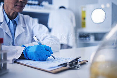 Buy stock photo Woman scientist, documents and hands writing vaccine review, planning test and healthcare checklist. Science, paperwork report and laboratory research for investigation, results or chemistry analysis