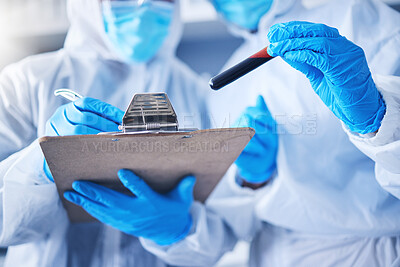 Buy stock photo Teamwork, blood checklist or doctors hands in lab with notebook for research, medical exam or sample analysis. Healthcare, writing or scientist for medicine solution, covid results or vaccine report