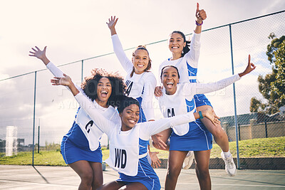 Buy stock photo Sports, netball and portrait of winner women ready for training, exercise and practice workout on court. Fitness, teamwork and excited girl athletes for motivation in sport game, match or competition