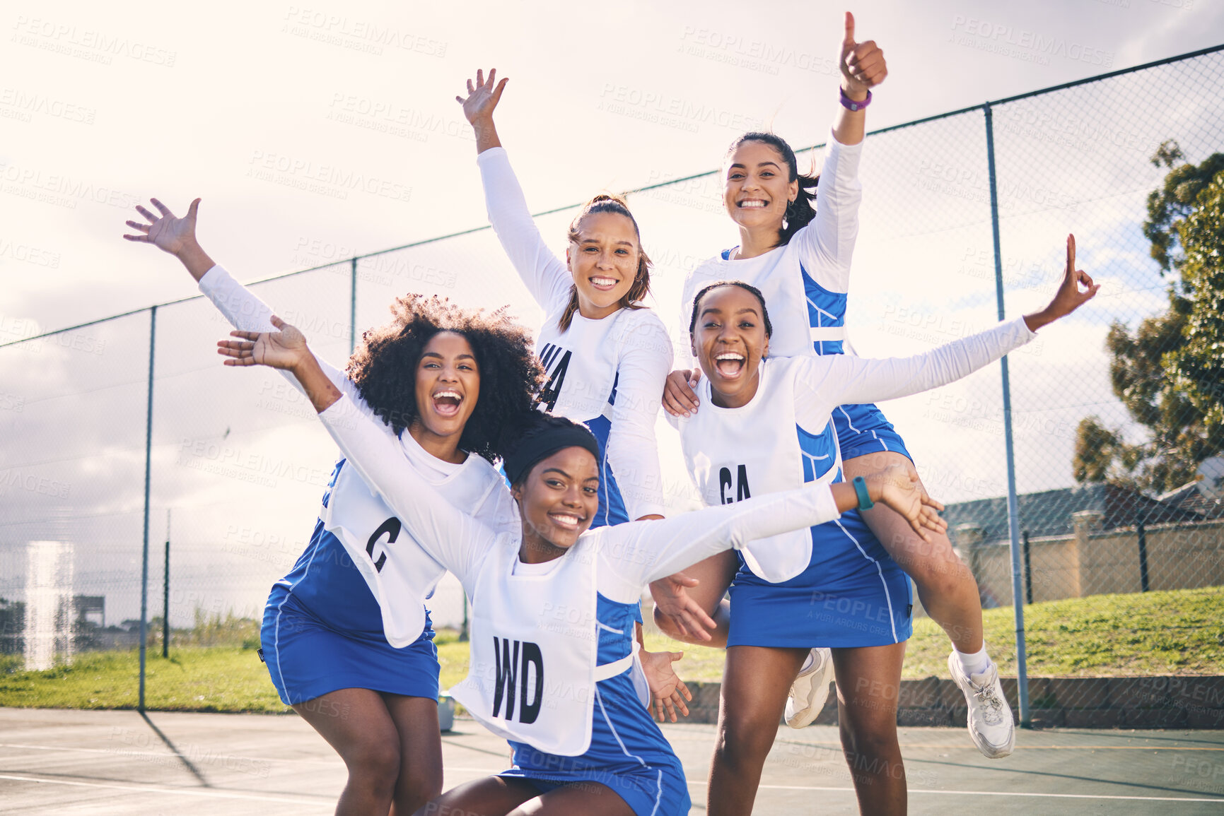 Buy stock photo Sports, netball and portrait of winner women ready for training, exercise and practice workout on court. Fitness, teamwork and excited girl athletes for motivation in sport game, match or competition