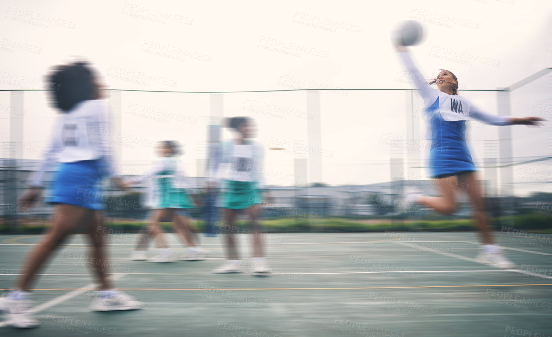 Buy stock photo Sports, netball and fitness jump by women at outdoor court for training, workout and practice. Exercise, students and girl team with ball for competition, speed and performance while active at field