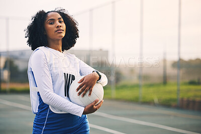 Buy stock photo Sports, netball and portrait of female with a ball after match, exercise or training on the court. Confidence, fitness and serious black woman athlete standing on field for game, workout or practice.