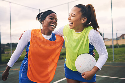 Buy stock photo Sports, friends and netball players at court happy, laughing and bond while training outdoors. Funny, women and sport team members bonding with humor, joke or silly conversation during match practice