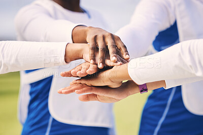 Buy stock photo Sports, people and collaboration by team hands in support of motivation, partnership and huddle at a field. Sport, friends and hand of students connect for training, goal and match planning at court