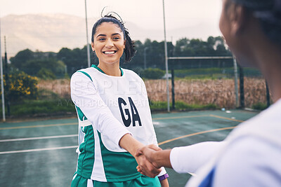 Buy stock photo Woman, sports and smile for handshake, partnership or friends in fun game on the court together. Happy sporty female shaking hands with competitor or player for training match, fitness or workout