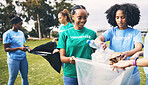 Students, recycle and community volunteer project with young people cleaning plastic and trash. Happy, recycling and charity work for a sustainability, eco friendly and ecology service outdoor