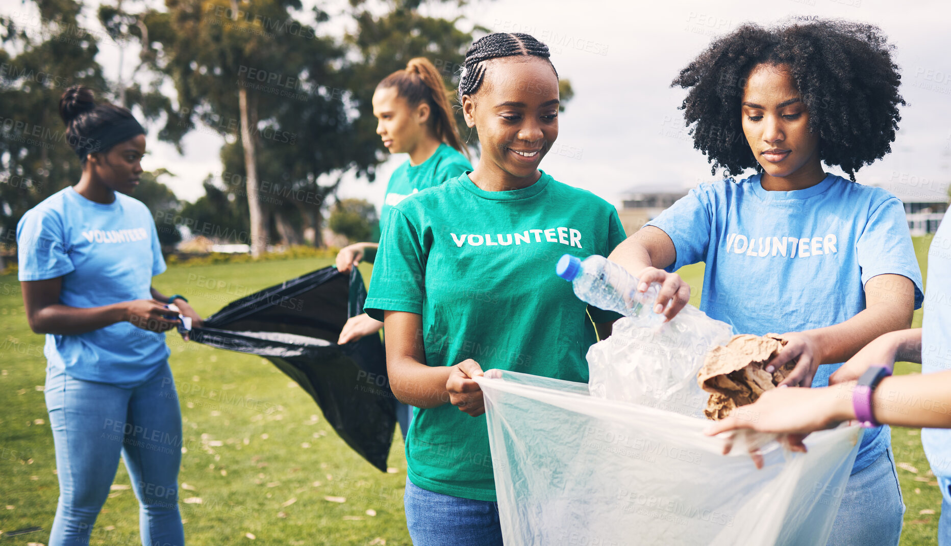 Buy stock photo Students, recycle and community volunteer project with young people cleaning plastic and trash. Happy, recycling and charity work for a sustainability, eco friendly and ecology service outdoor