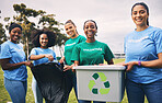 Young people, recycling and volunteer portrait of group doing outdoor waste and garbage cleaning. Earth day, charity and community clean up project with student teamwork to recycle for sustainability