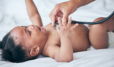 Buy stock photo Baby, health and pediatrician hand, stethoscope and listen to heart, medical checkup and childhood development. Healthcare exam, people at clinic and growth with black girl infant and consultation