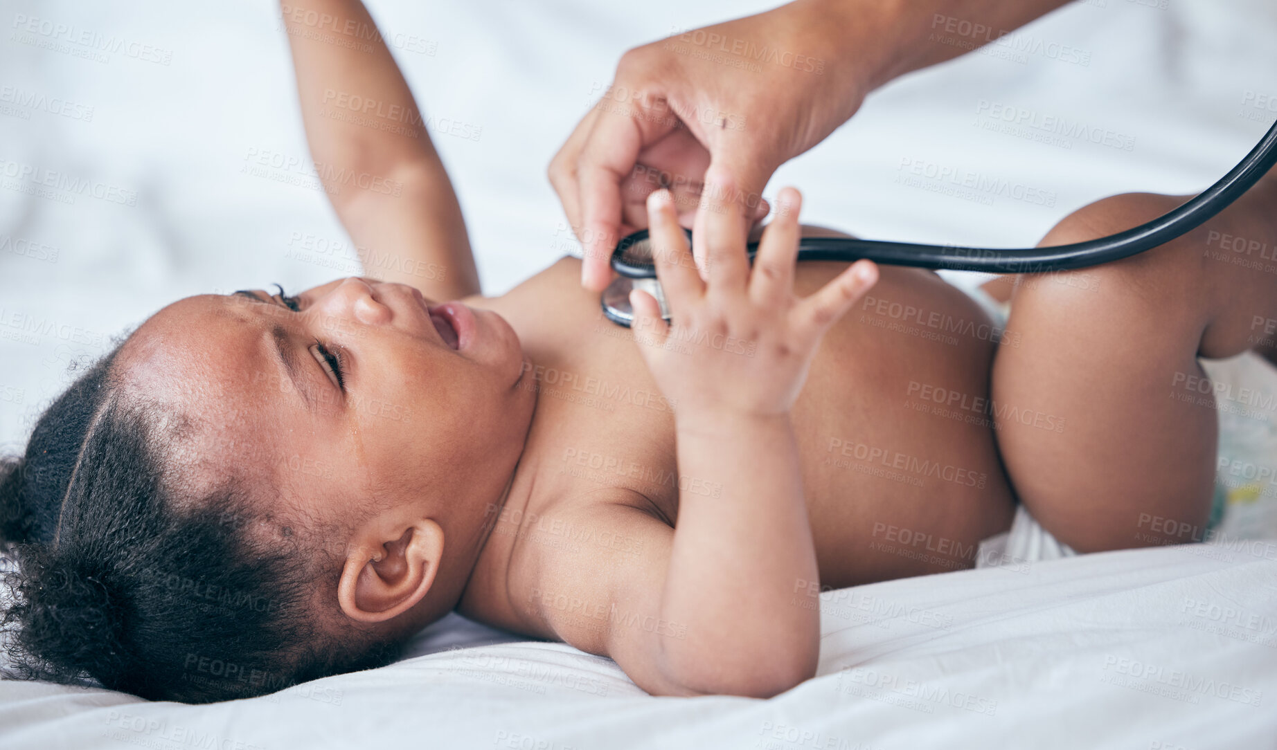 Buy stock photo Baby, health and pediatrician hand, stethoscope and listen to heart, medical checkup and childhood development. Healthcare exam, people at clinic and growth with black girl infant and consultation