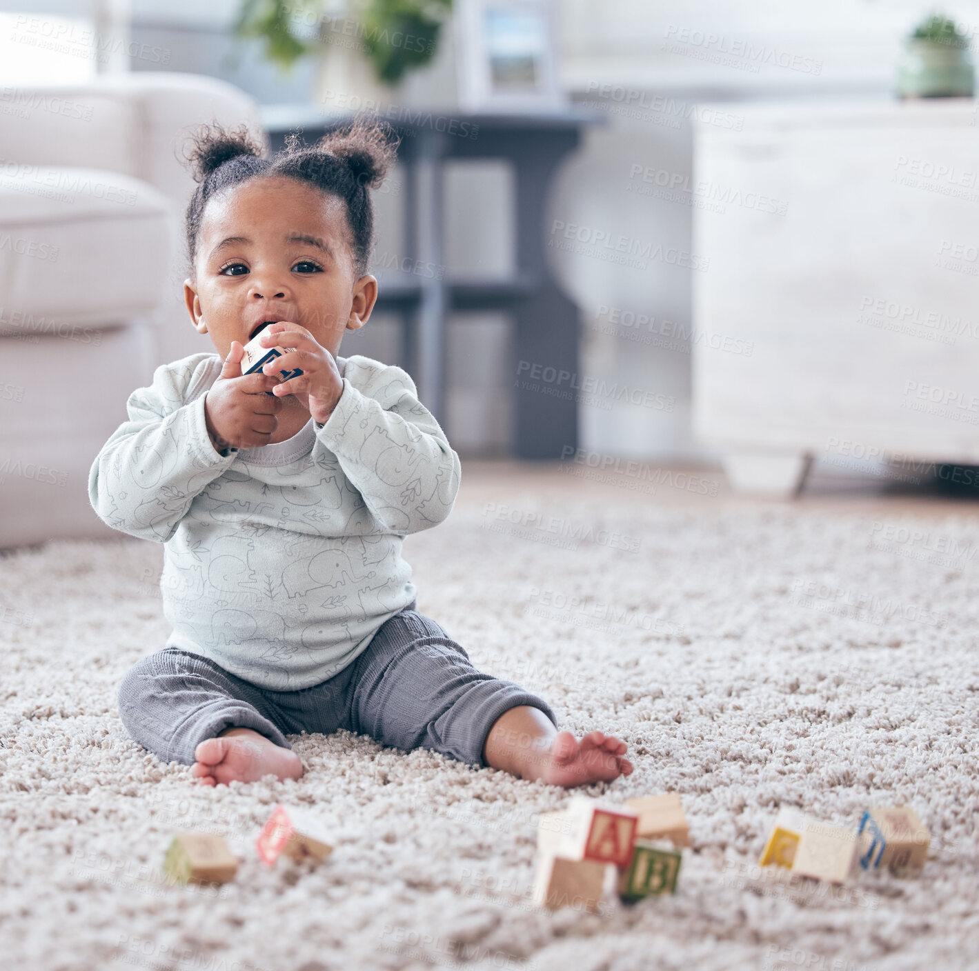 Buy stock photo Portrait, baby and building blocks toy on a floor for learning, playing and fun in her home. Face, toddler and girl with block puzzle on a carpet for child development, color and educational skill