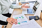 Business infographic, graph and hands with laptop on desk for planning, financial report and data analysis. Corporate office, paperwork and woman working on budget analytics, sales target and review