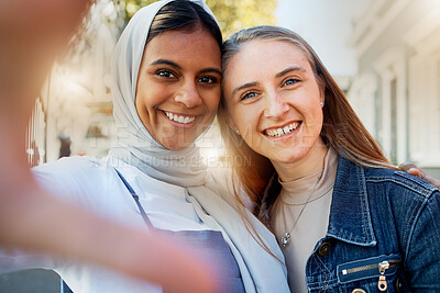 Buy stock photo Selfie, friends and girls, hug and outdoor with happiness, reunion and cheerful together. Portrait, muslim women and ladies embrace for picture outside, bonding and travel for quality time and joy