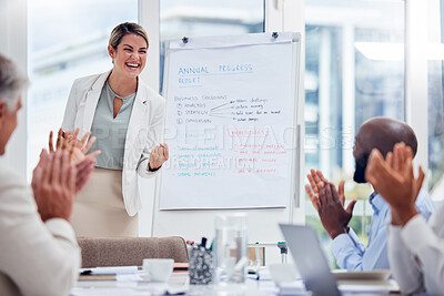 Buy stock photo Winner, wow and applause with a business woman cheering during a presentation to her team in the boardroom. Meeting, motivation or celebration with a female employee and colleague group in an office