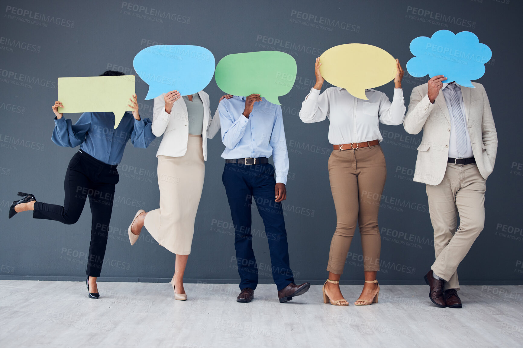 Buy stock photo Business people, social media and speech bubble for advertising, message or space on wall background. Mockup, poster and group with banner, billboard or copy space for announcement together on a room