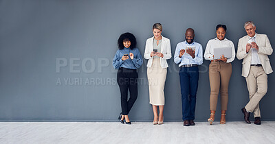 Buy stock photo Mockup, wall and business people with technology, recruitment and waiting for job interview. Diversity, men and women with devices, employees and collaboration for cyber security and data analytics 