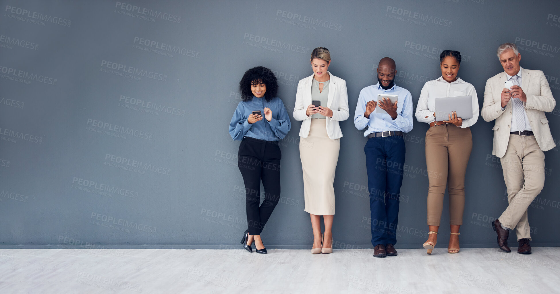 Buy stock photo Mockup, wall and business people with technology, recruitment and waiting for job interview. Diversity, men and women with devices, employees and collaboration for cyber security and data analytics 