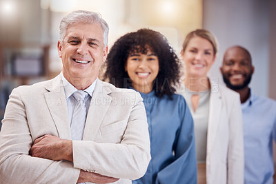 Buy stock photo Portrait of proud business people and manager in career diversity. leadership and happy employees management. Senior boss, executive or ceo and black people for internship, hiring and corporate smile