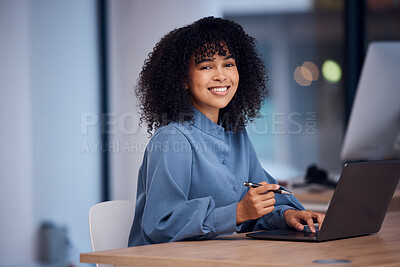 Buy stock photo Happy, working and portrait of a black woman on a laptop for email, connection and internet. Business, smile and employee typing on a computer for online work, project and freelancing in office