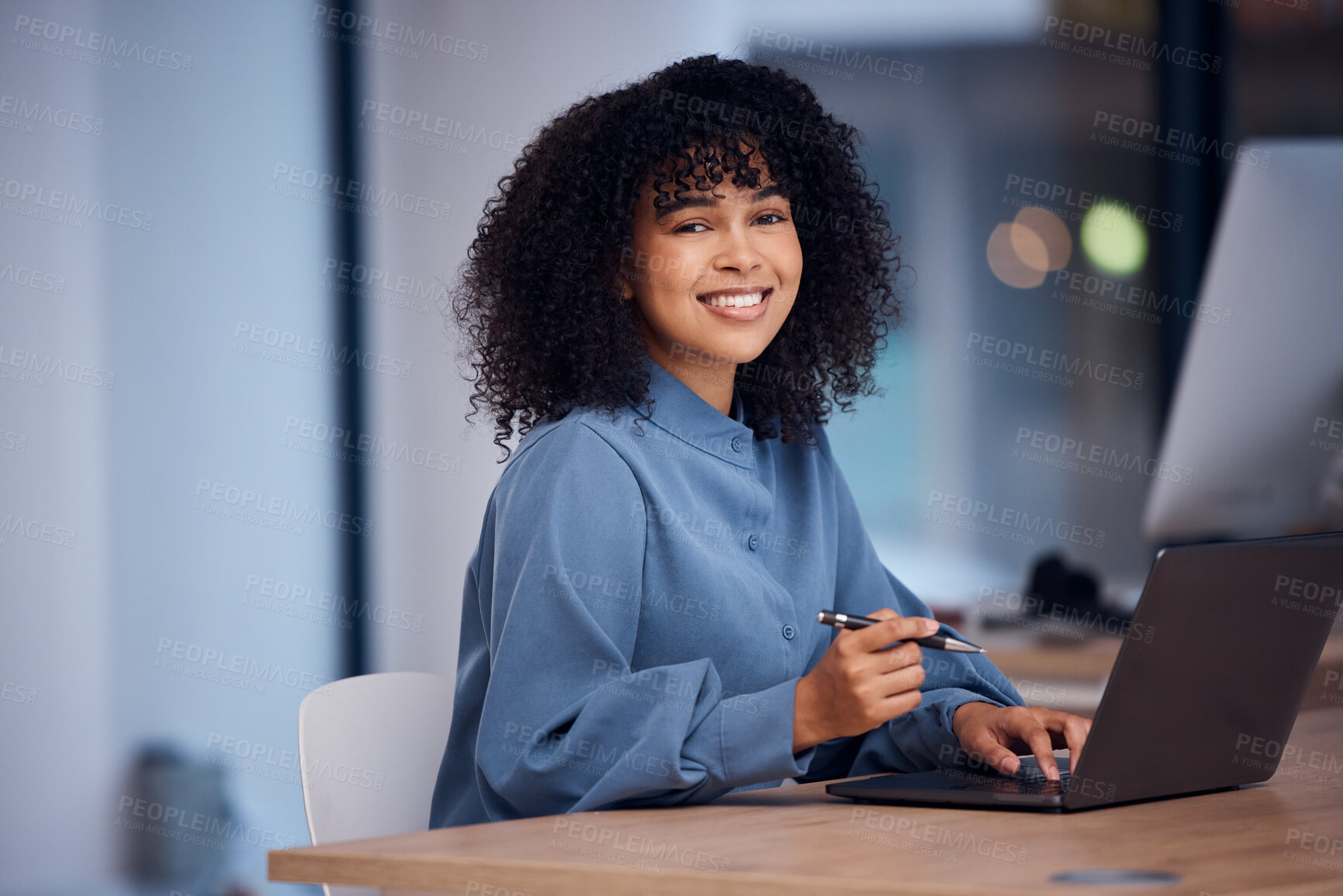 Buy stock photo Happy, working and portrait of a black woman on a laptop for email, connection and internet. Business, smile and employee typing on a computer for online work, project and freelancing in office