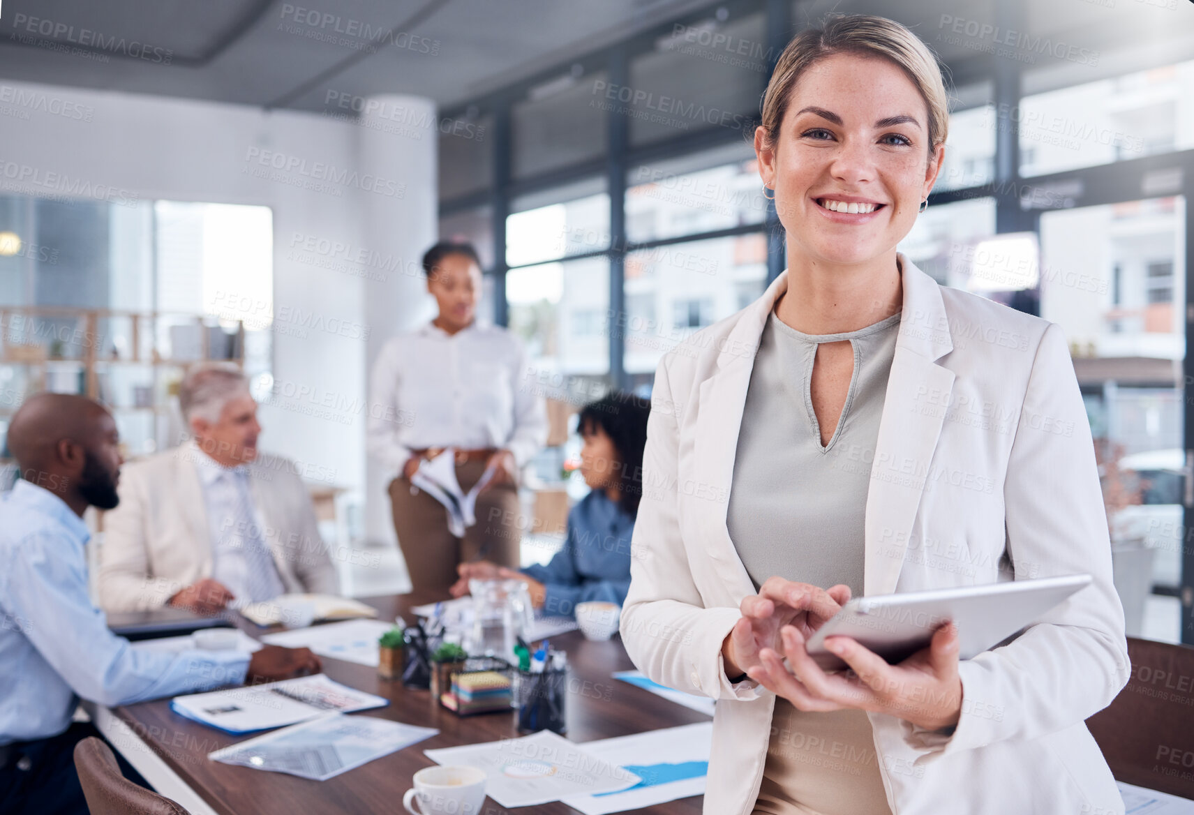 Buy stock photo Business woman, tablet and portrait in meeting for schedule planning or conference at the office. Happy female smile for market research, idea or project plan on touchscreen with team in boardroom