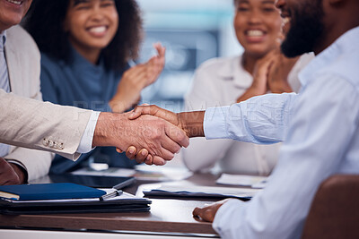 Buy stock photo Handshake, congratulations and business people meeting for a deal, partnership and achievement. Thank you, welcome and employees shaking hands with applause for success, support and agreement