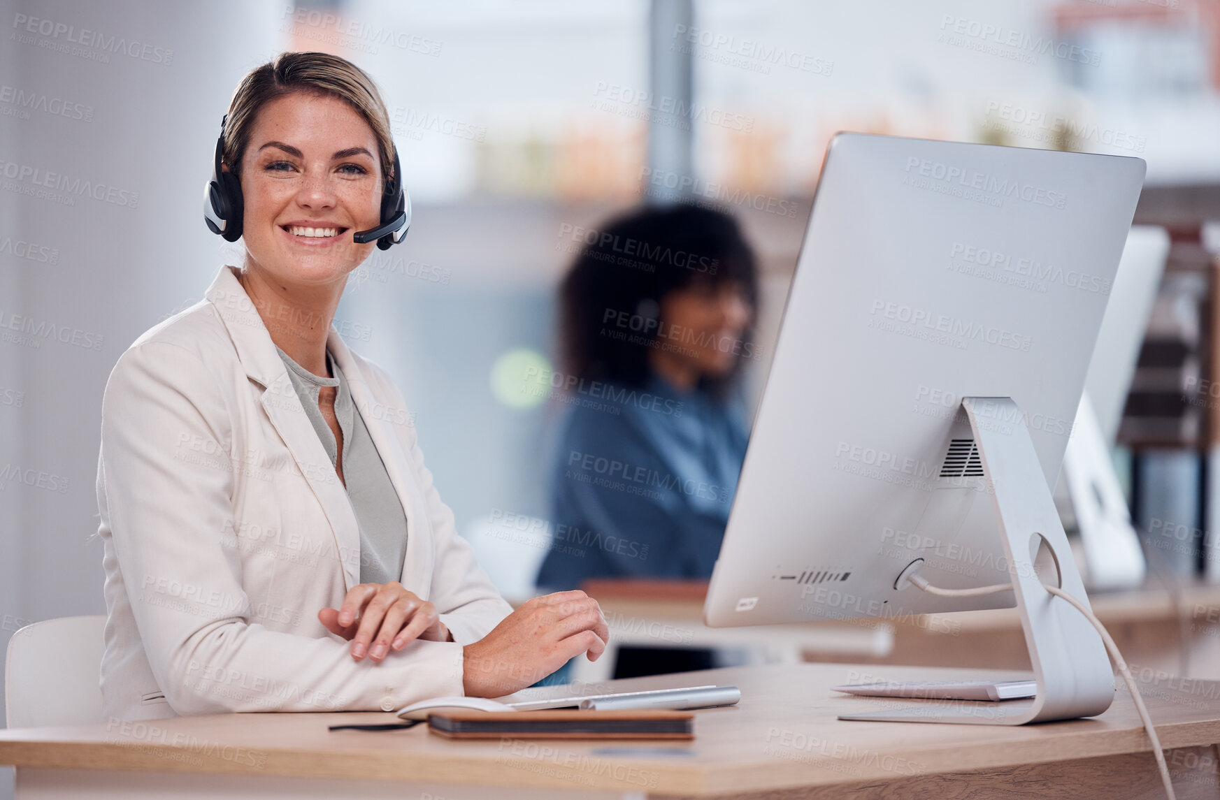 Buy stock photo Woman, call center and portrait smile by computer for telemarketing, customer service or support at office desk. Happy friendly female consultant smiling for desktop help, sales advice or contact us