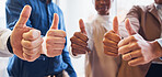 Business people, hands and thumbs up for success, good job or thank you in team agreement at office. Hand of group in teamwork showing thumb emoji, yes sign or like in support, winning or agree
