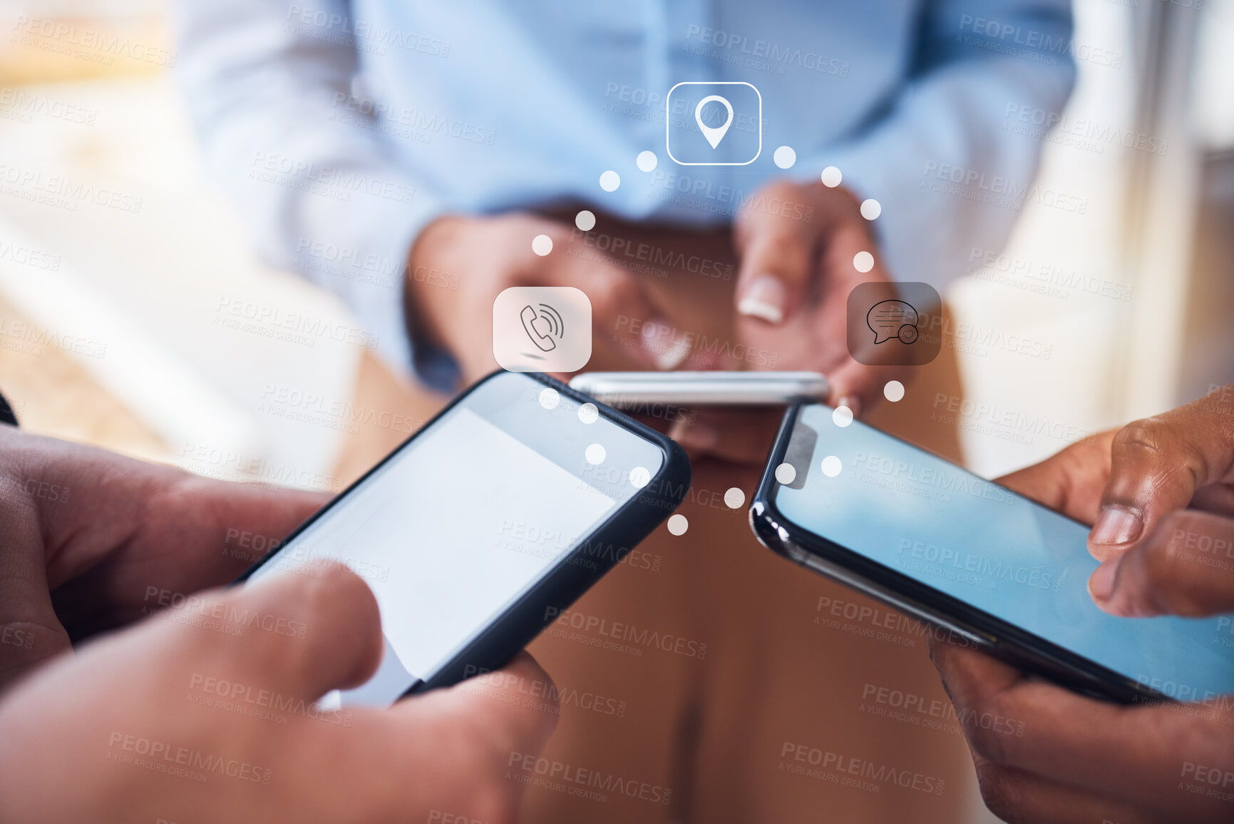 Buy stock photo Business people, hands and phone with mockup screen for advertising, marketing or networking. Hand of group on mobile smartphone display for social media, app sync or location share in communication