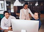 Call center employees, training and diversity, team and support, customer service with headset and computer. CRM, phone call and happy with black woman leader, coaching and contact us in office
