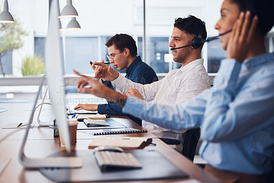 Buy stock photo Together, coworking and people in a call center for support, telemarketing and online advice. Contact us, help and customer service employees working on a computer for consulting and communication