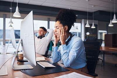 Buy stock photo Burnout, call center and black woman with headache in office while consulting in crm or customer service. Stress, glitch or 404 by girl consultation with problem, frustrated or fail in online support