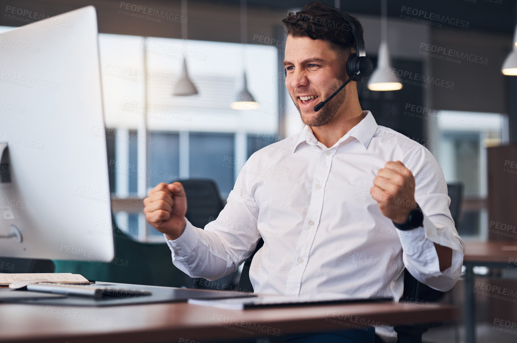 Buy stock photo Man, call center and celebration for winning, sale or promotion in customer support or service at office desk. Happy male consultant celebrating in success for telemarketing, deal or discount on PC